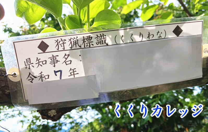 わな標識は結束線を使って木に取り付ける。